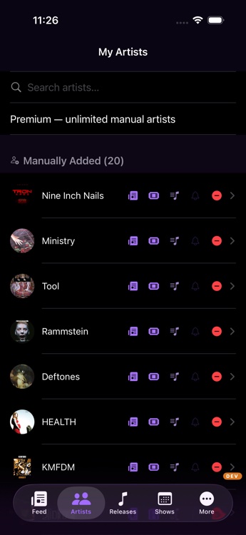 My Artists list — manually added artists with quick-action icons