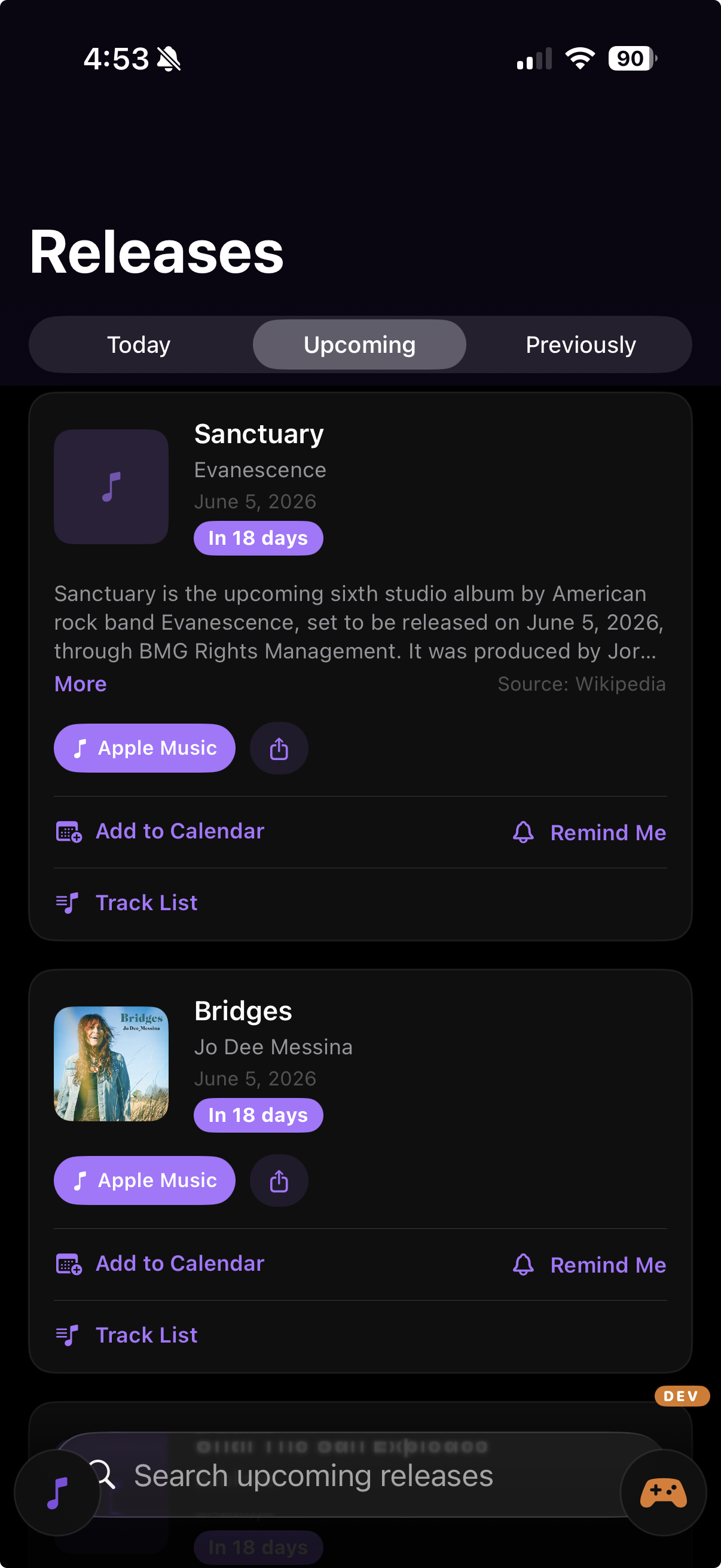 Upcoming releases — Evanescence, Jo Dee Messina, with calendar reminders and track lists